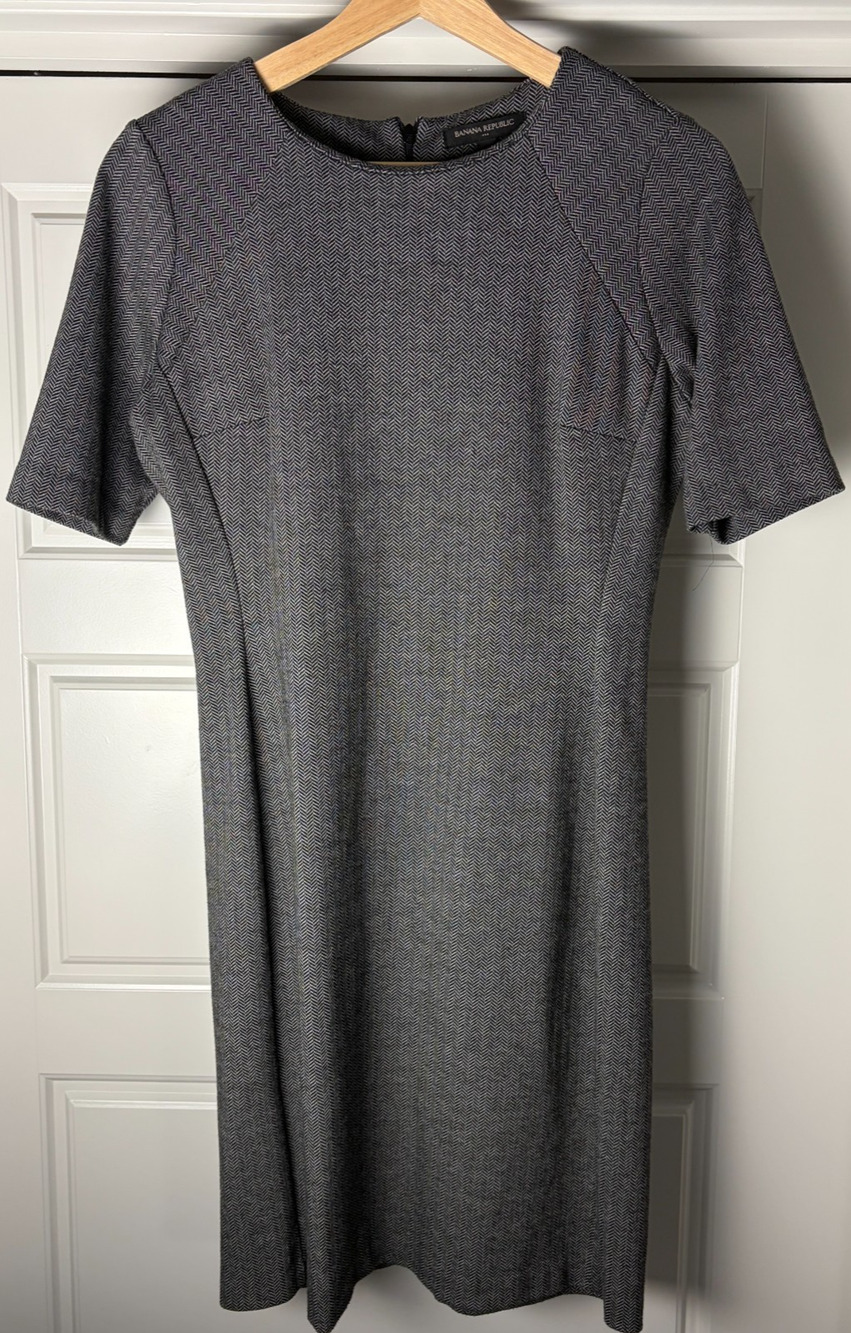 Banana Republic Herringbone Sheath Dress Women's Sz 4 Gray Short Sleeve Zip